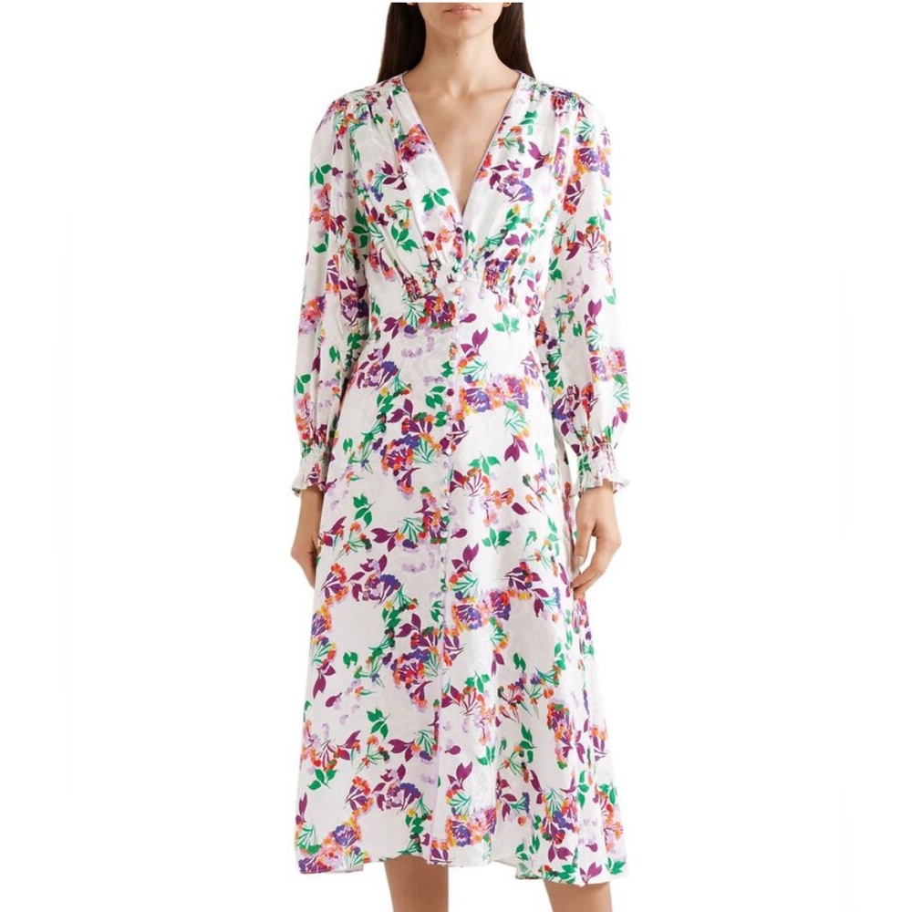 EUC Saloni Eve C Silk Midi Dress Size 6 Purple White Green Floral Long Sleeve
